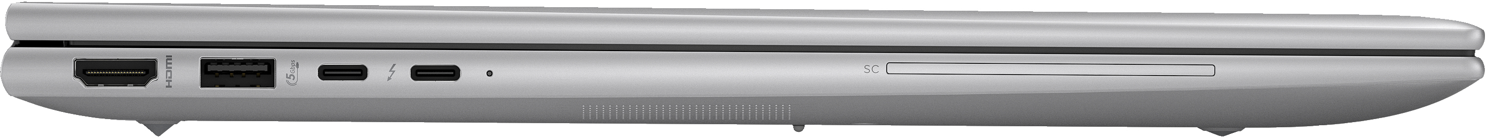 Seitenansicht des Laptops. Anschlüsse sichtbar: HDMI, USB und Thunderbolt. Silbernes Finish.