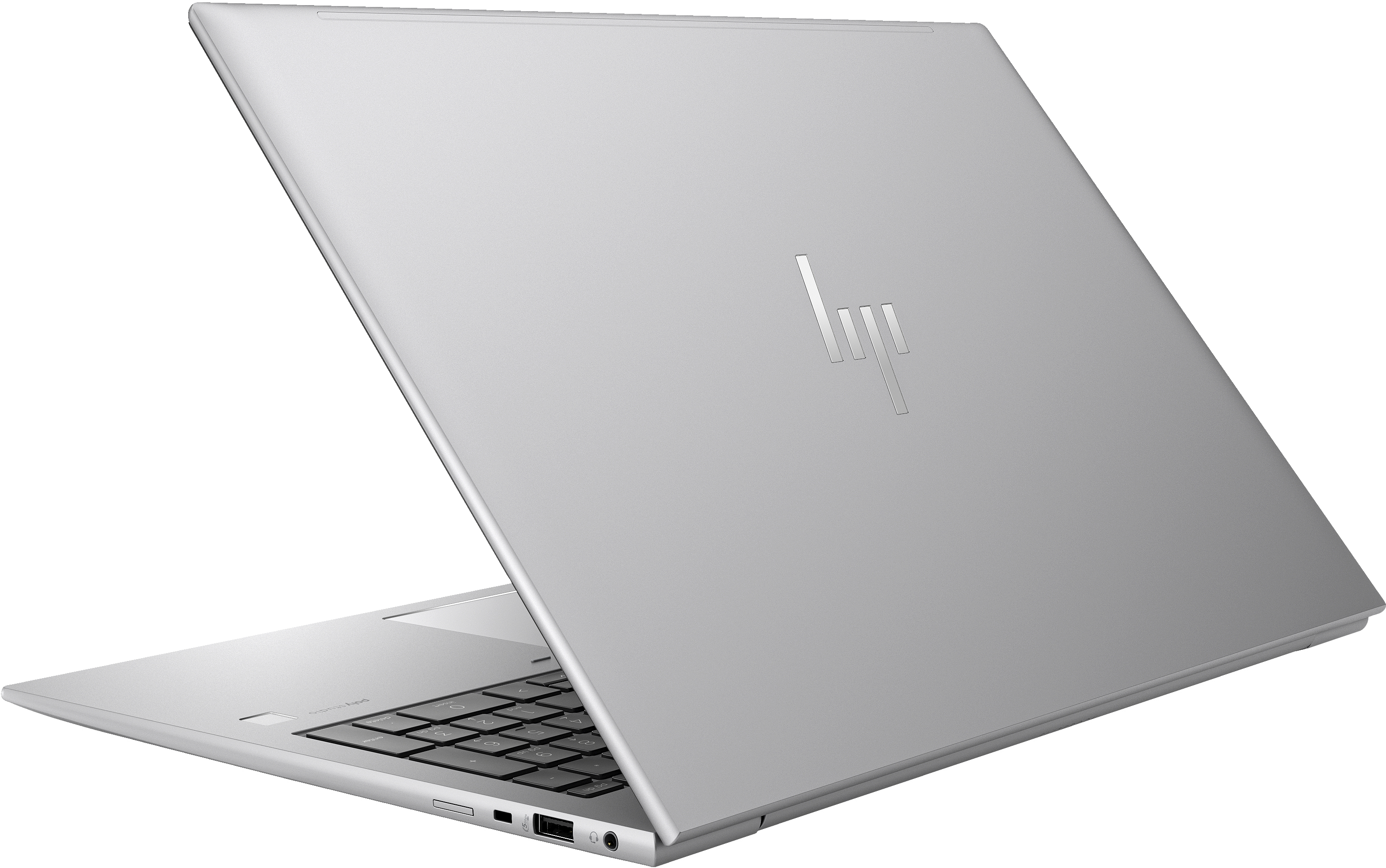 Silberner Laptop, Rückansicht. Das HP-Logo ist sichtbar. Deckel ist geöffnet.