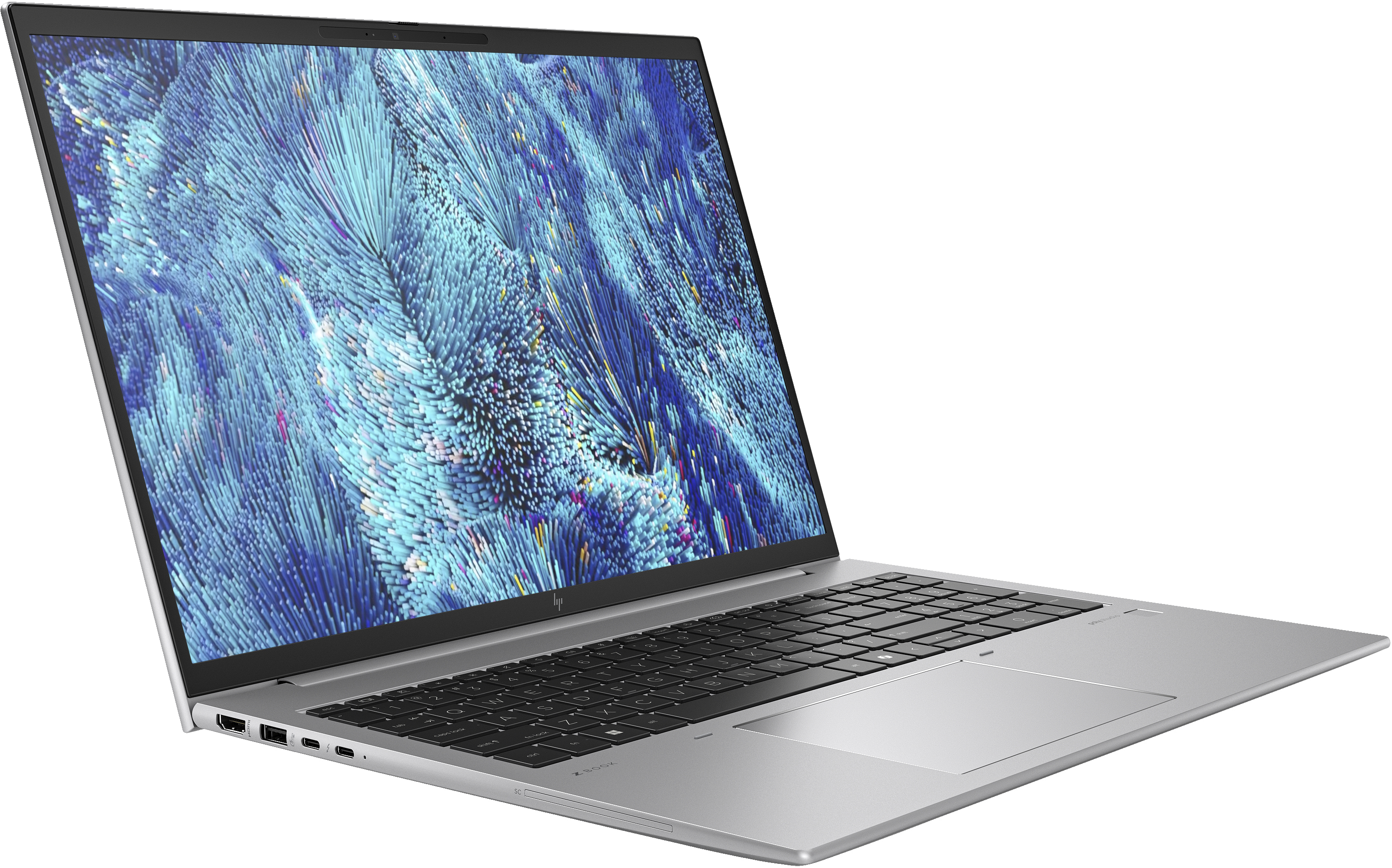 Angesicht des Laptops. Der Bildschirm zeigt ein abstraktes blaues Design. Tastatur sichtbar. Silber.