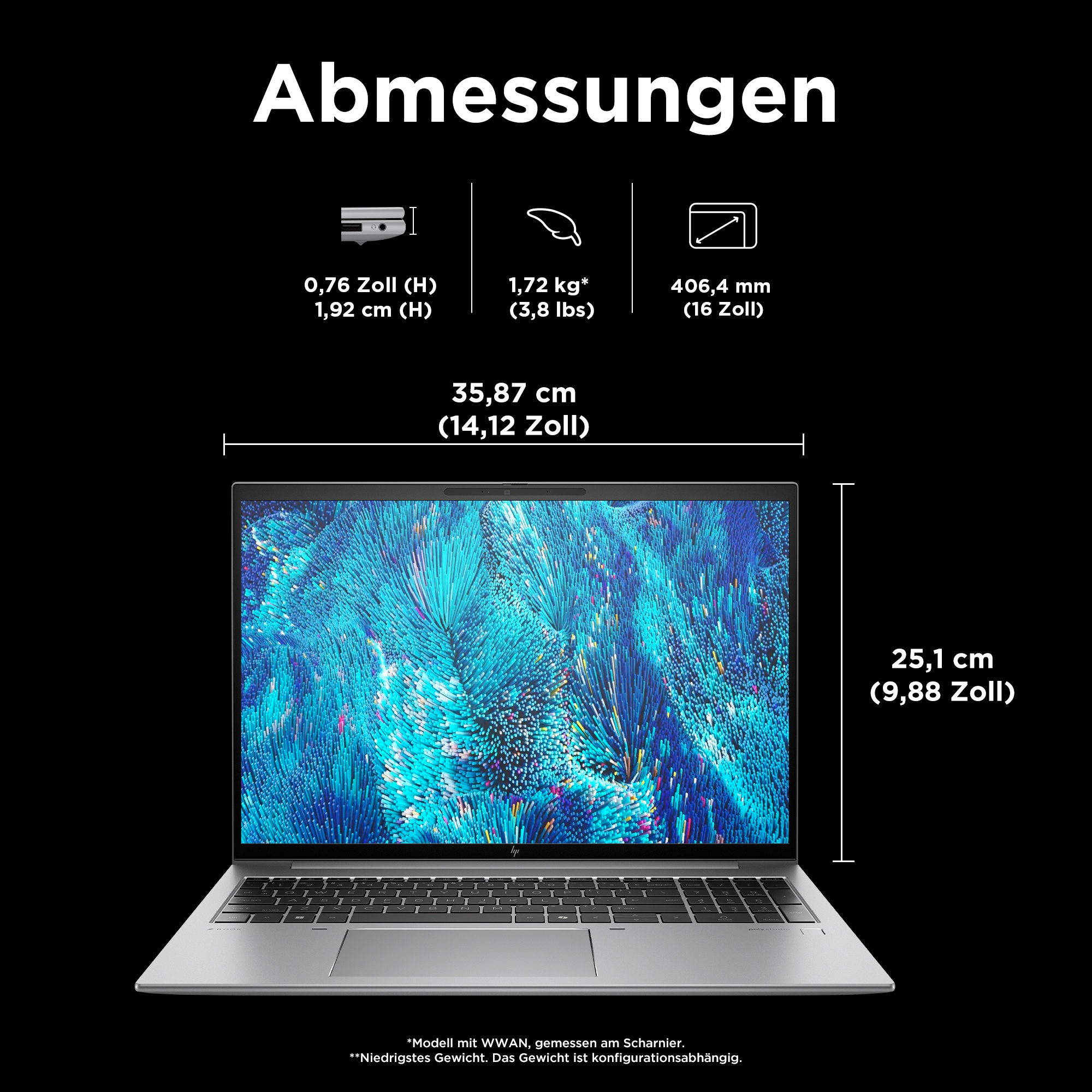 Infografik zu den Laptop-Abmessungen. Zeigt Höhe, Breite und Gewicht mit Maßen in cm und Zoll.
