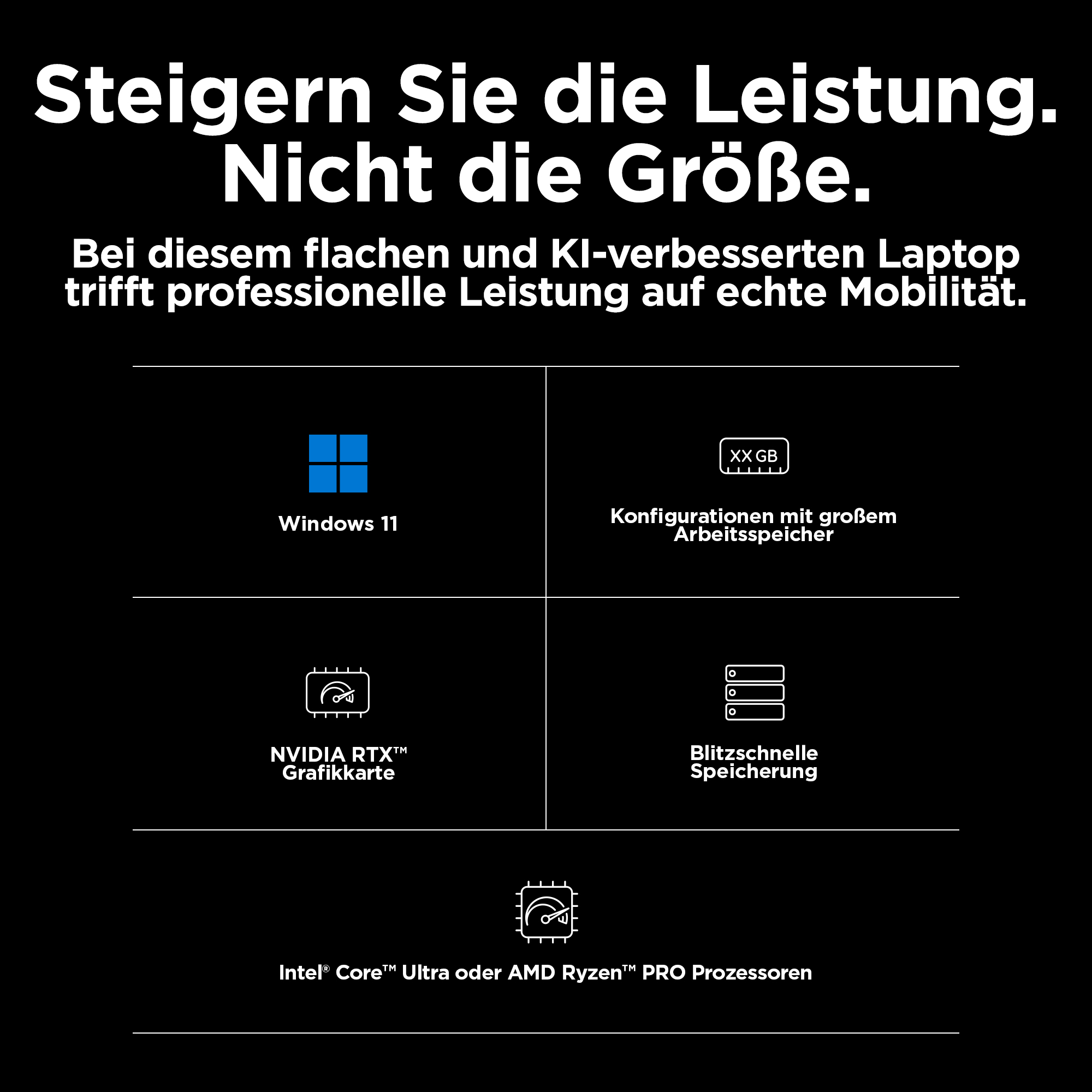 Funktionen des Laptops. Windows 11, große RAM-Konfigurationen, NVIDIA-Grafikkarte, schneller Speicher.