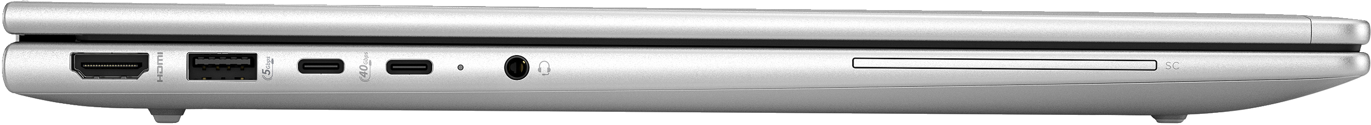 Seitenansicht des silbernen Laptops mit Anschlüssen und Verbindungen.