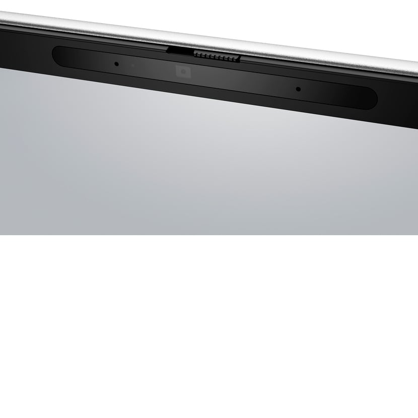 Nahaufnahme der Laptop-Kamera und der oberen Blende auf einem silbernen Laptop.