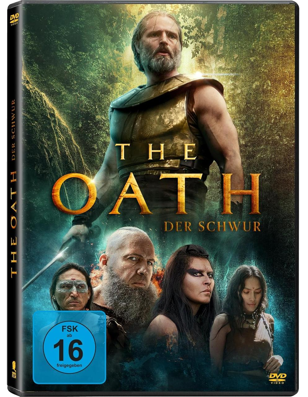 DVD-Cover: 'The Oath'. Ein Mann in Rüstung im Hintergrund. Andere Charaktere im Vordergrund.