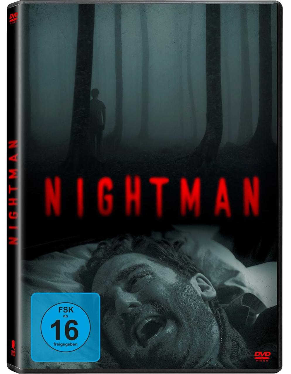 DVD-Cover: 'Nightman'. Mann liegt, schreit. Silhouette einer Person im Wald im Hintergrund.