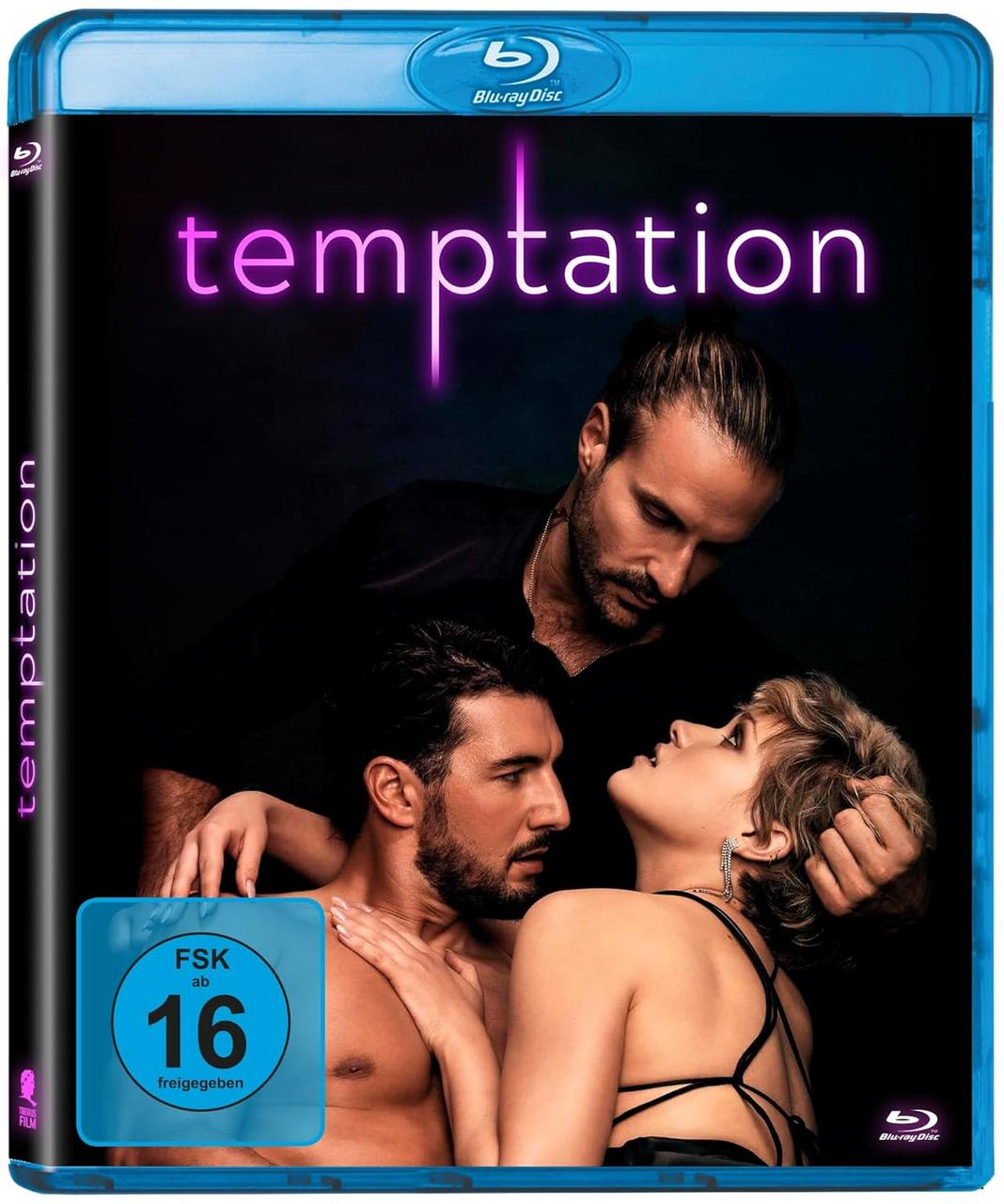 Blu-ray-Cover: 'Temptation'. Zwei Männer und eine Frau, intime Szene. Neon-Schild sagt Temptation.