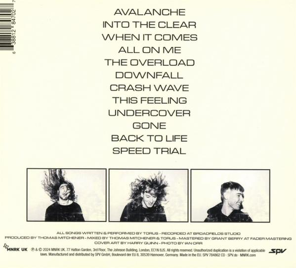 Albumcover mit Text: Avalanche, Into The Clear, When It Comes, All On Me, The Overload, Downfall, Crash Wave.