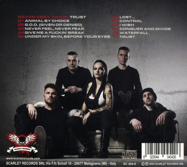 Albumcover mit Bandmitgliedern und Titelliste: Never Obey Again, Animal by Choice, G.O.D. und andere.
