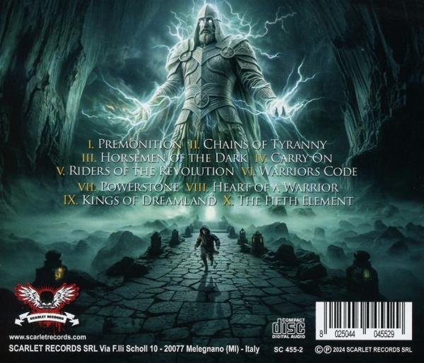Albumcover zeigt eine riesige Statue, einen Krieger, der auf einem Pfad rennt, und einen dunklen, nebligen Hintergrund mit Titeln.