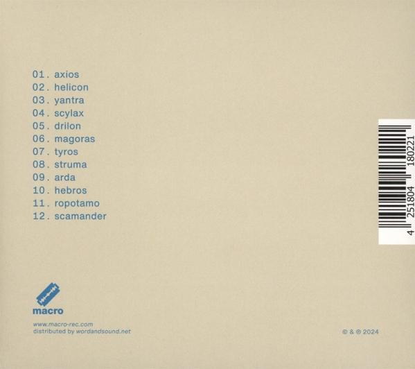 Ein Albumcover mit einer Liste von Titeln auf hellbeigem Hintergrund und einem kleinen Logo unten.