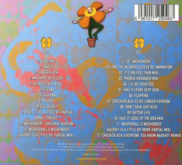 Albumcover mit farbenfrohem Design. Enthält einen Mann im Blumenkostüm und eine Tracklist.