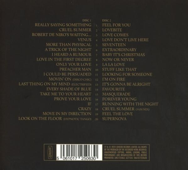 Albumcover mit schwarzem Hintergrund und Tracklist. Enthält Songs wie Really Saying Something und Cruel Summer.