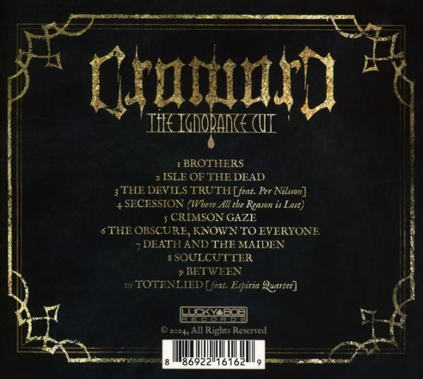 Albumcover mit schwarzem Hintergrund und goldenem Text, mit Titelliste und dekorativen Elementen.