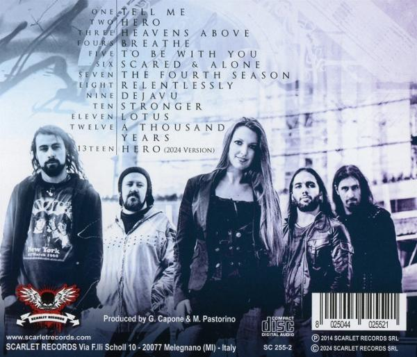 Albumcover mit Bandmitgliedern, Songtiteln und Albumdetails in dunkler Umgebung.