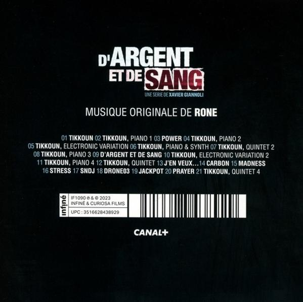 Albumcover mit einer Liste von Songs und Details, mit einem einfachen und dunklen Design.
