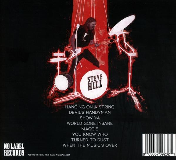 Albumrückseite mit Songtiteln, einem Schlagzeug und einer Person, die Gitarre spielt.