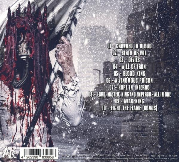 Albumcover mit einer Figur, die eine Flagge hält, mit einer Titelliste.