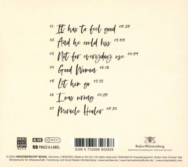 Albumrückseite mit Songtiteln im handschriftlichen Stil und einem Bandlogo.
