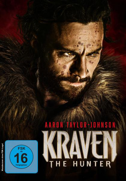 DVD-Cover von 'Kraven the Hunter'. Aaron Taylor-Johnson ist das Hauptmotiv, intensiver Blick, Pelzkragen.