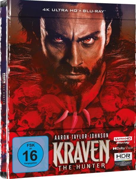 Filmhülle mit Kraven the Hunter. Gesicht eines Mannes mit roten Augen. Blu-ray, 4K Ultra HD. FSK 16.