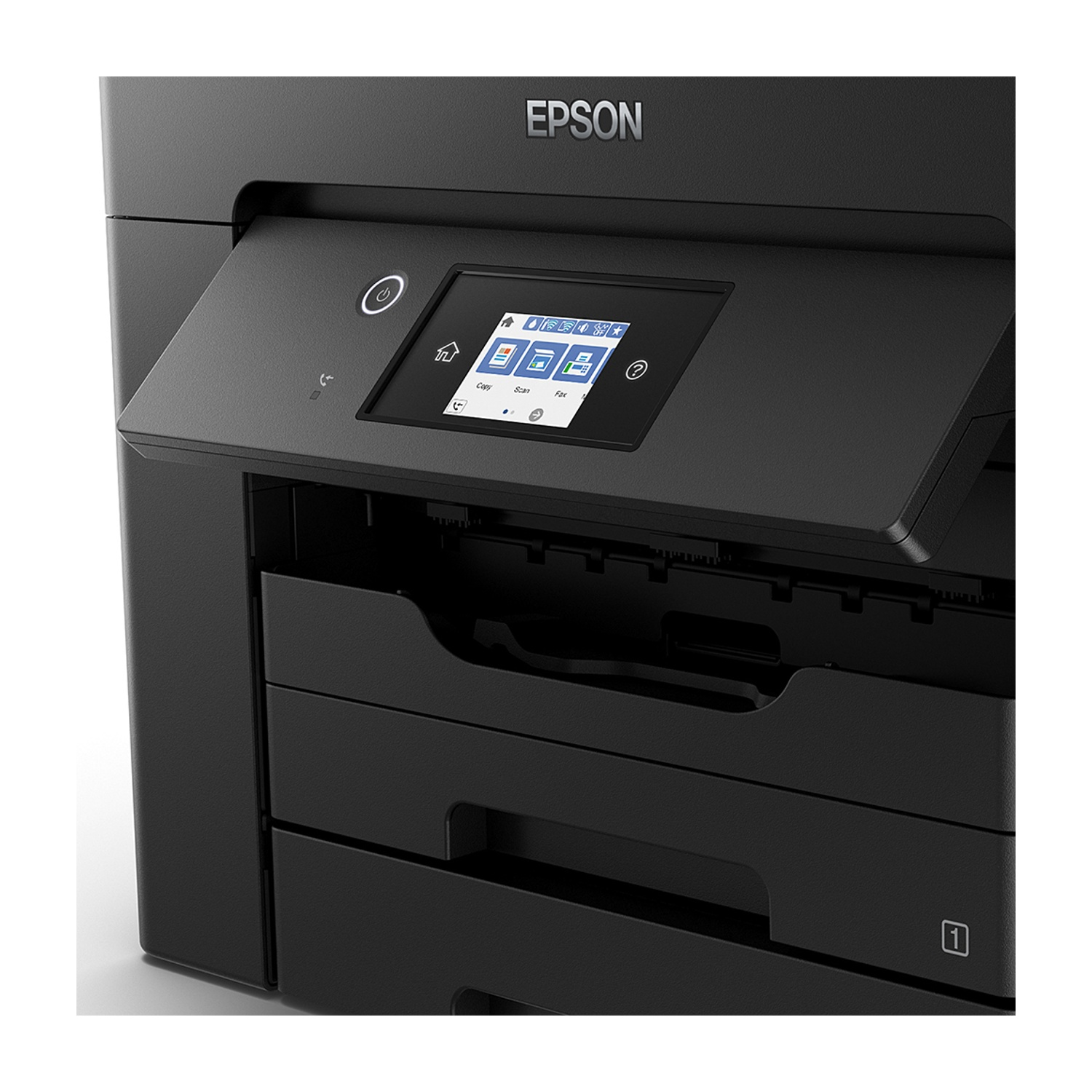 Stampante nera con display touchscreen e vassoio carta aperto, primo piano.