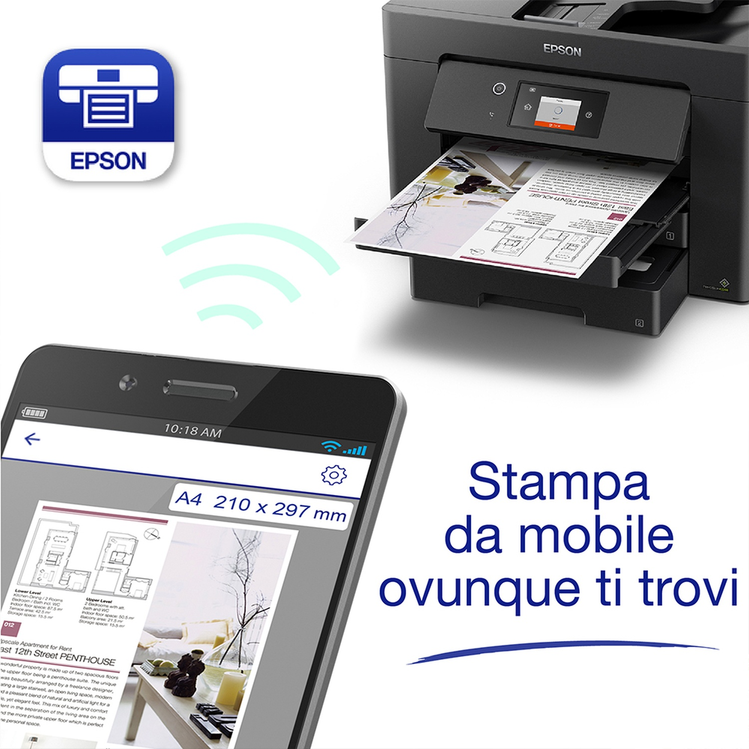 Stampante Epson con smartphone che mostra un'anteprima di stampa. Simbolo WiFi. Testo: Stampa da mobile, ovunque.