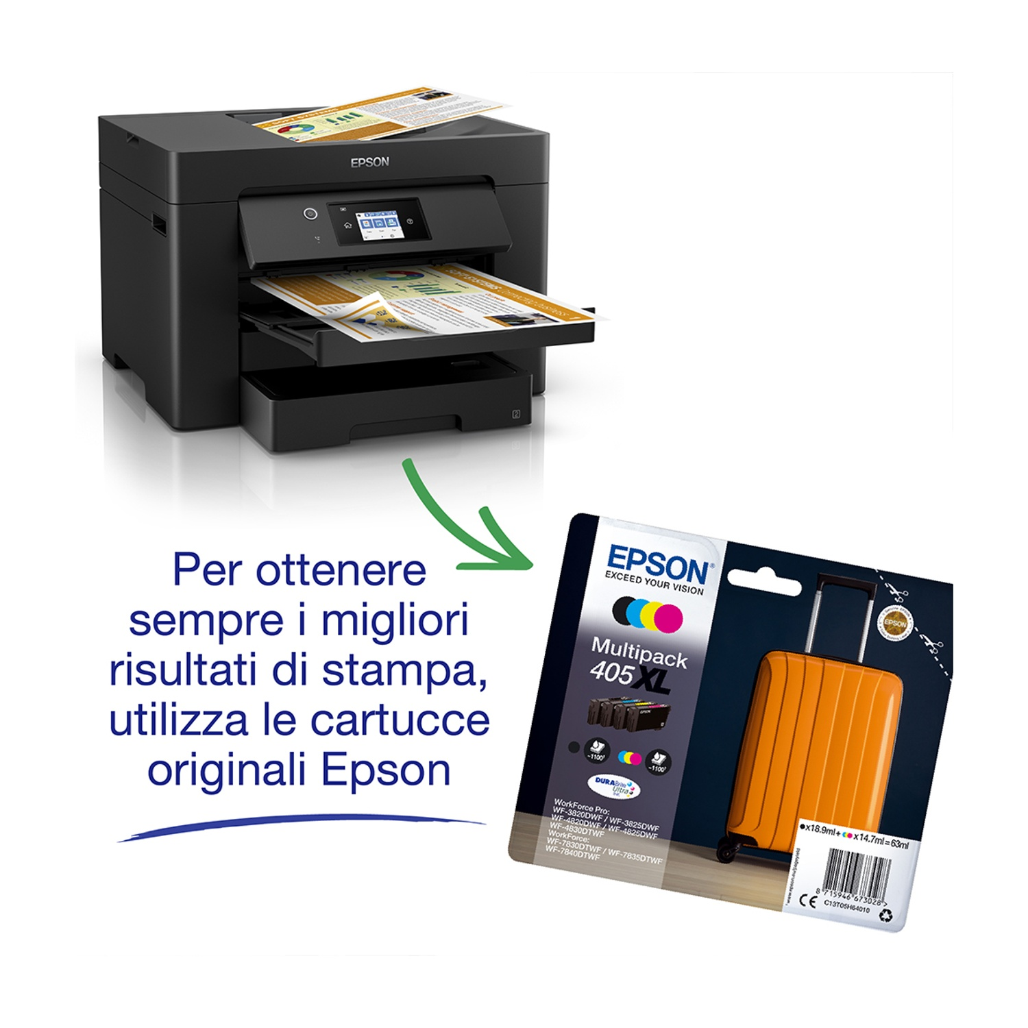 Stampante Epson con confezione cartucce. Freccia verde indica le cartucce. Testo: Utilizza cartucce Epson originali.
