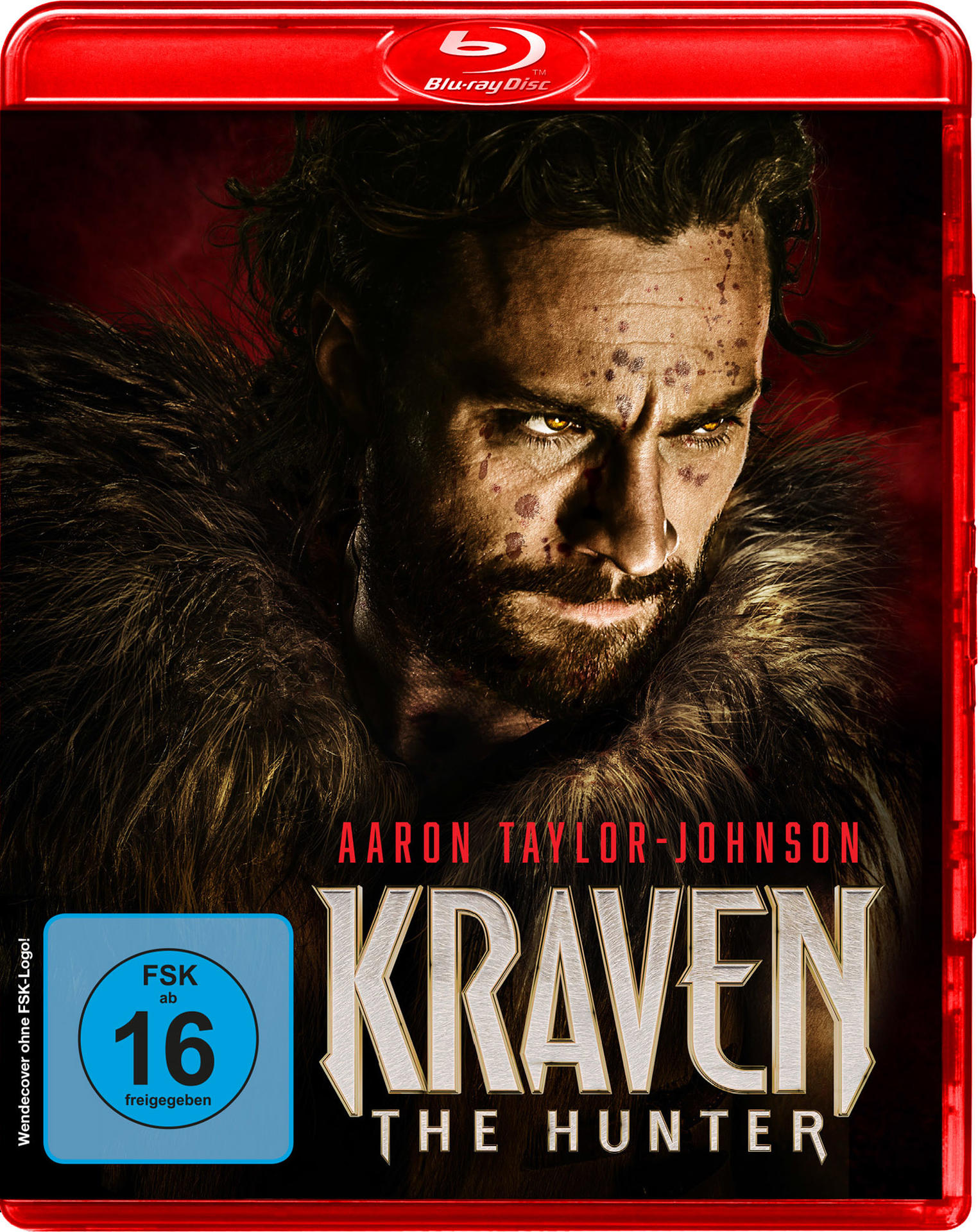Blu-ray-Cover: Mann mit Pelzkragen, Titel 'Kraven the Hunter'. Rote Boxfarben.
