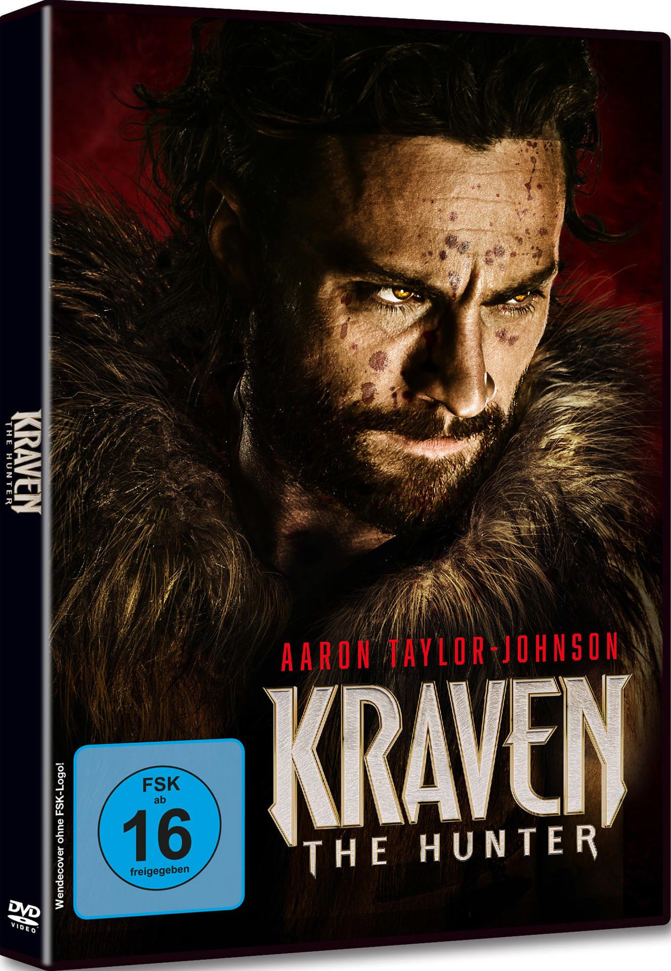 Filmcover: Mann mit Pelzkragen, Titel 'Kraven the Hunter'. Blaue und rote Boxfarben.