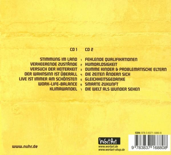 CD-Trackliste. Gelber Hintergrund. Text in Schwarz und Weiß.