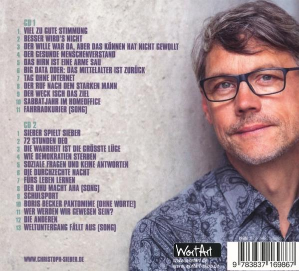 CD-Trackliste. Mann mit Brille auf dem Cover. Text in Schwarz und Weiß.