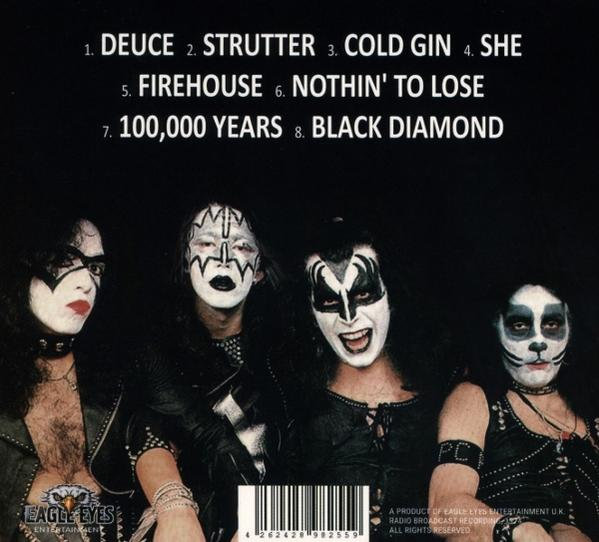 Albumcover der Band Kiss mit geschminkten Mitgliedern. Songtitel sind aufgelistet. Das Album auf schwarzem Grund.