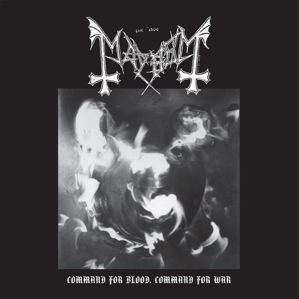 Schwarzweißes Albumcover mit Bandlogo, Flammen und Text 'COMMAND FOR BLOOD, COMMAND FOR WAR'.