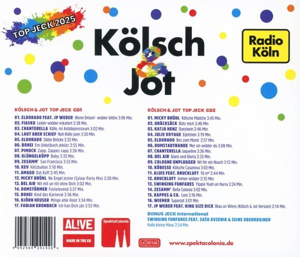 Rückseite eines Albums mit dem Titel 'Kölsch Jot 2025' mit verschiedenen Titeln und einem Radiosender-Logo.