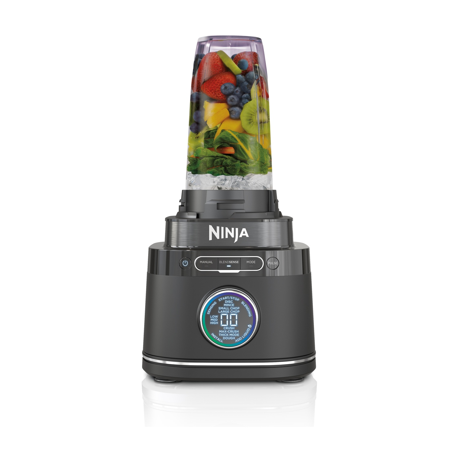Un frullatore Ninja nero e grigio con frutta.