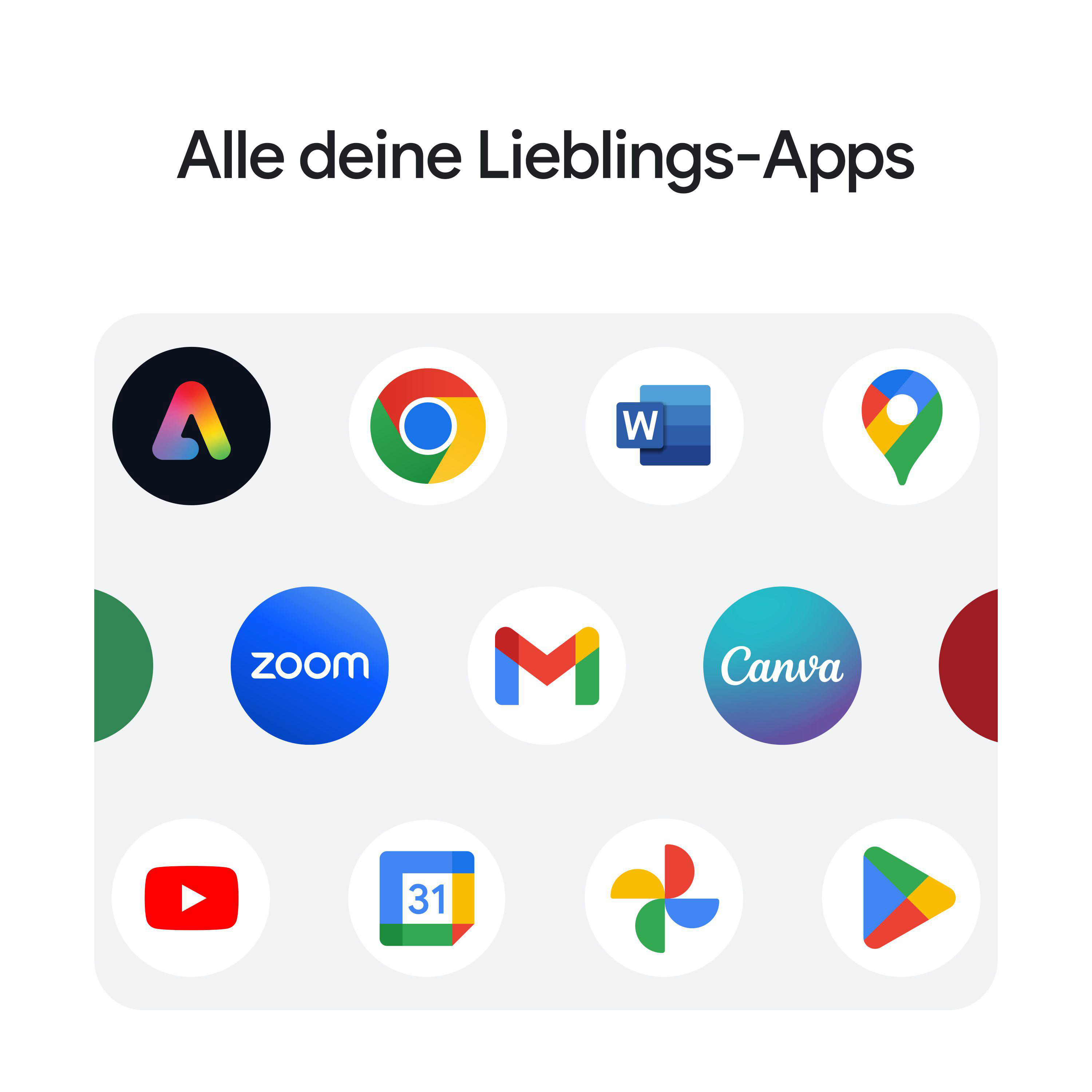 Verschiedene App-Symbole werden angezeigt, darunter Google-Apps, Canva, Zoom und YouTube.