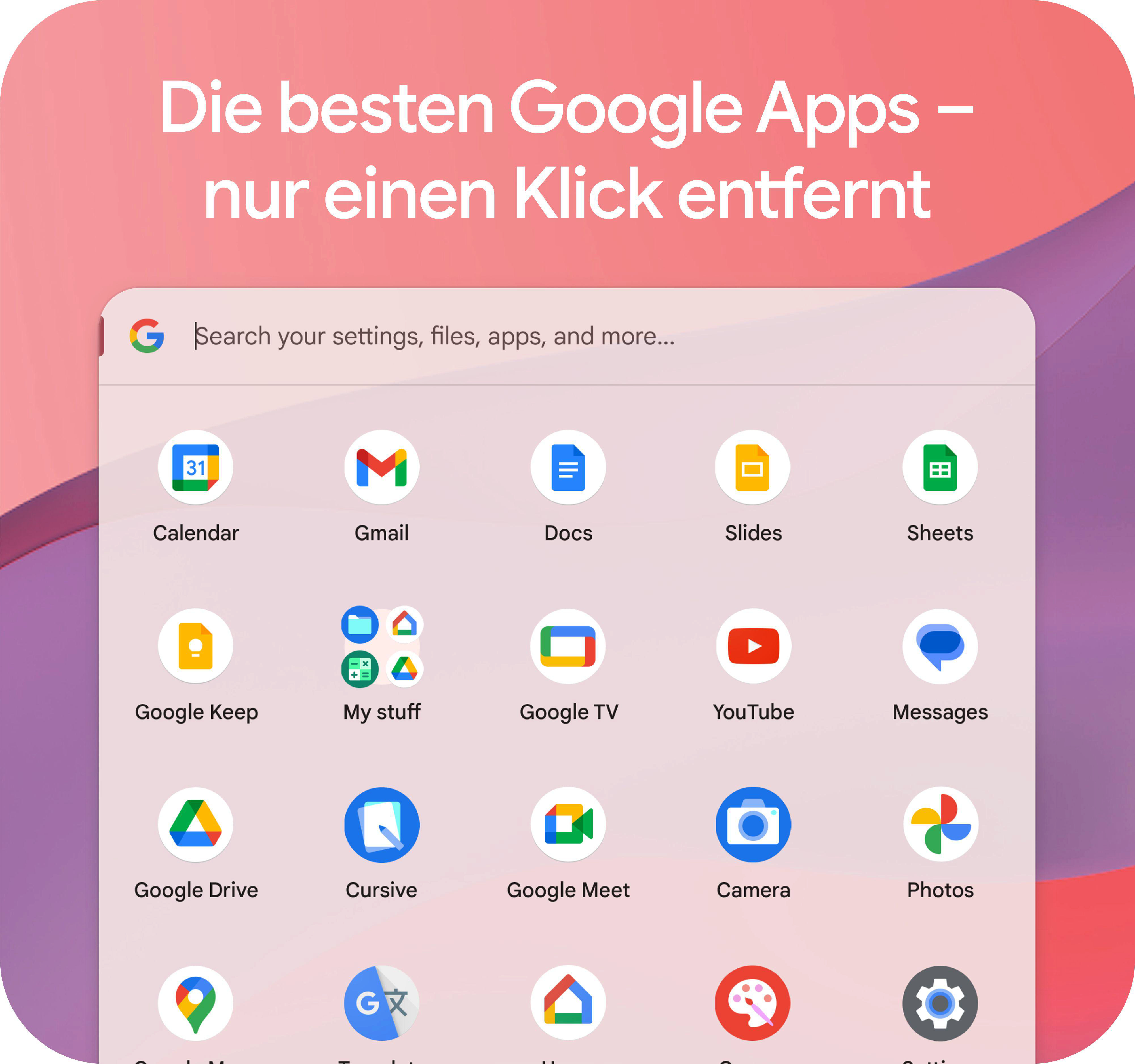 Eine Anzeige von Google-Apps auf einem Bildschirm, einschließlich Kalender, Gmail, Docs und mehr.
