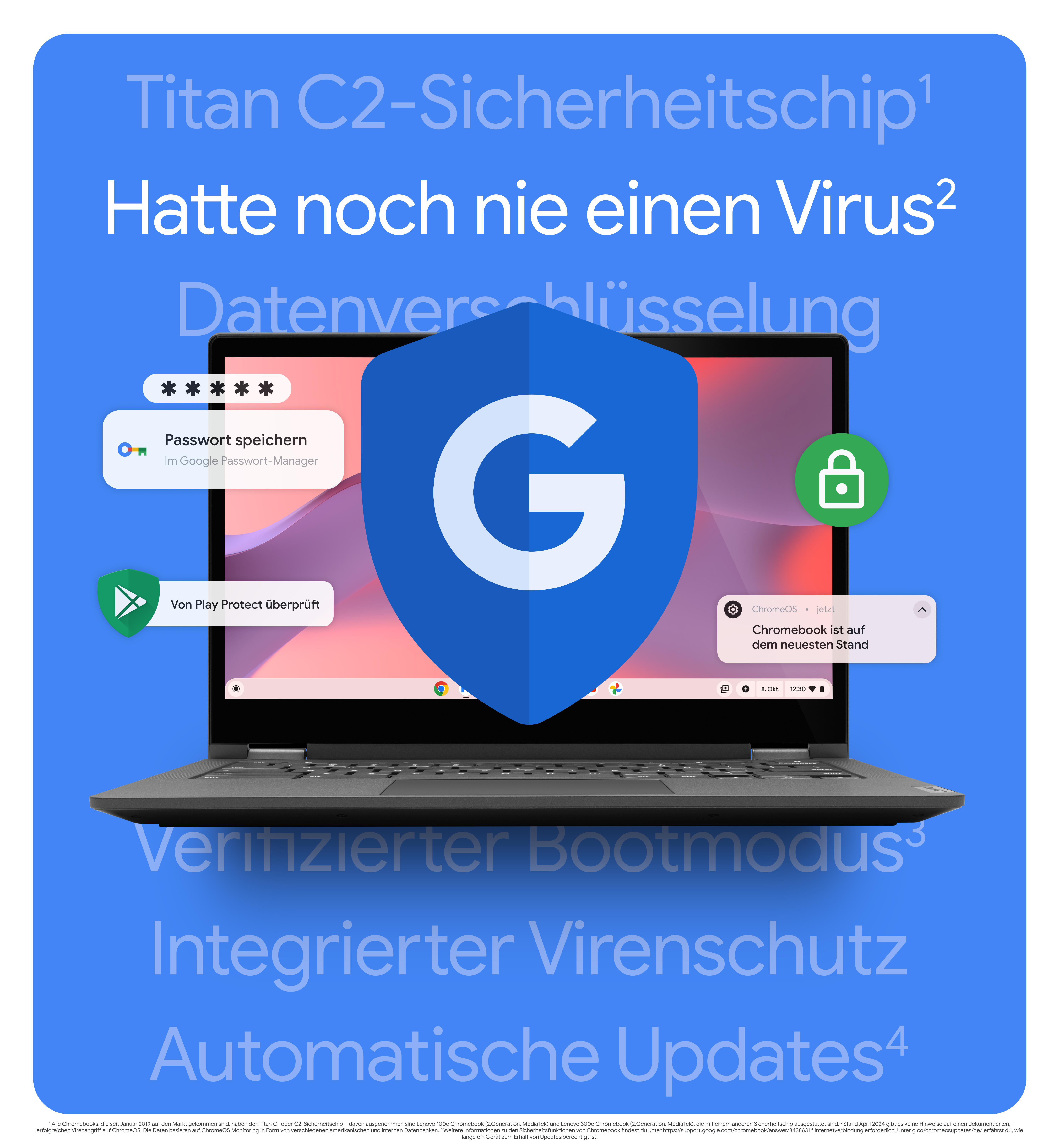 Ein Laptop-Bildschirm mit einem Google-Sicherheitsschild und anderen Symbolen.