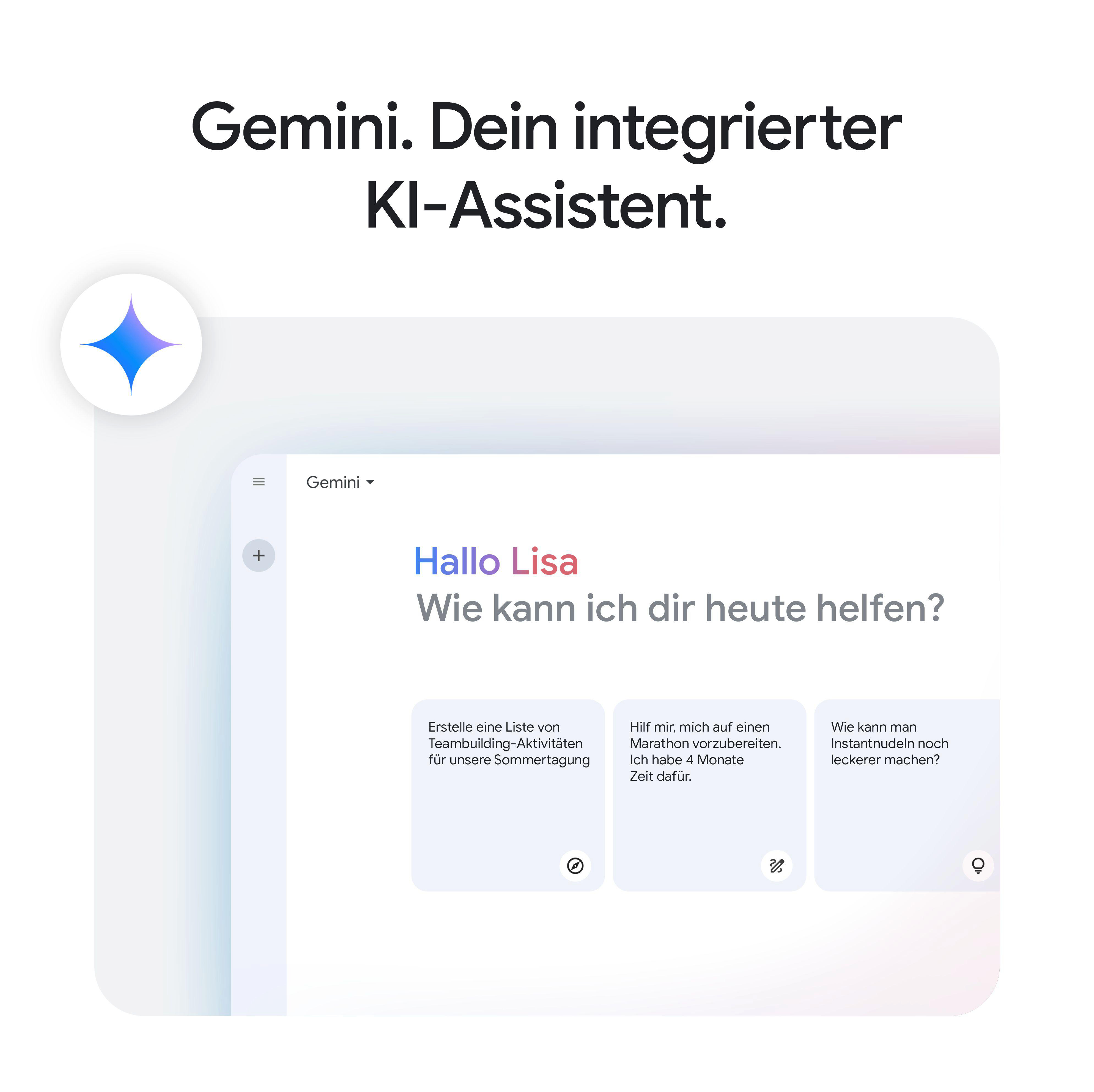 Eine Gemini KI-Assistenten-Oberfläche auf einem Bildschirm mit interaktiven Aufgabenvorschlägen.