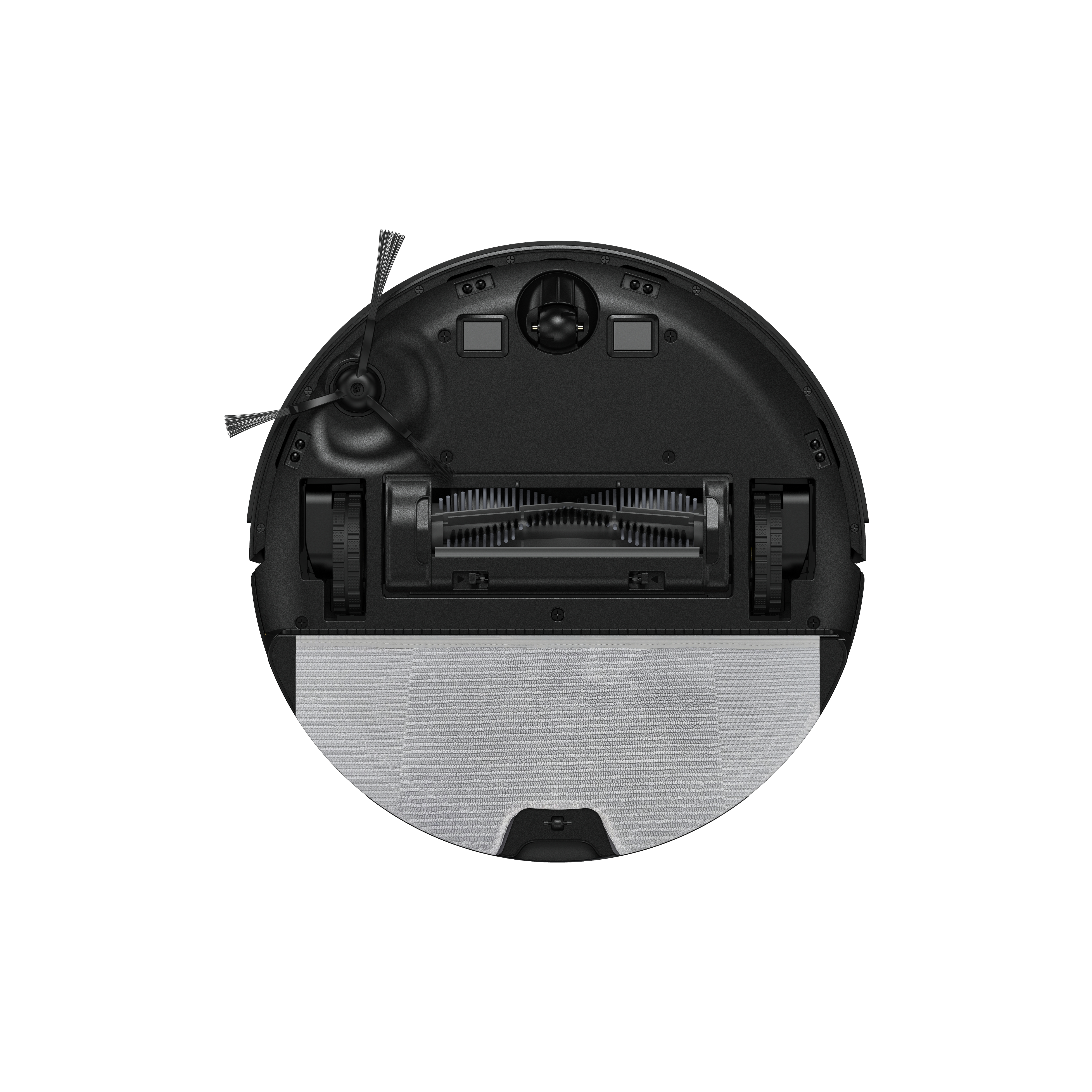 Ein schwarzer Roboter-Staubsauger mit Bürsten und einem Reinigungspad auf weißem Hintergrund.