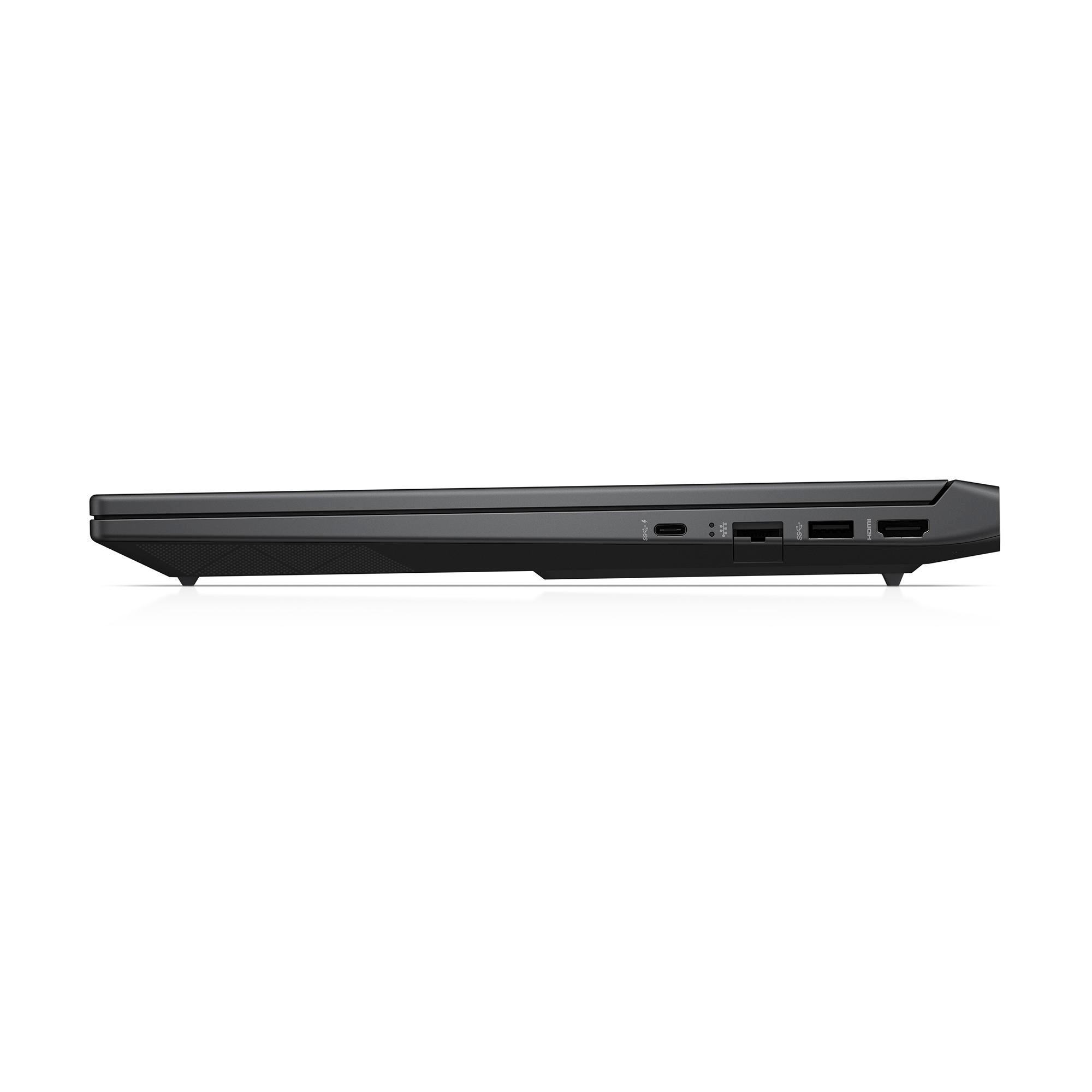 Rechte Seite des schwarzen Laptops, mit Anschlüssen: USB, Ethernet, HDMI und USB-C. Schwarzer Hintergrund.