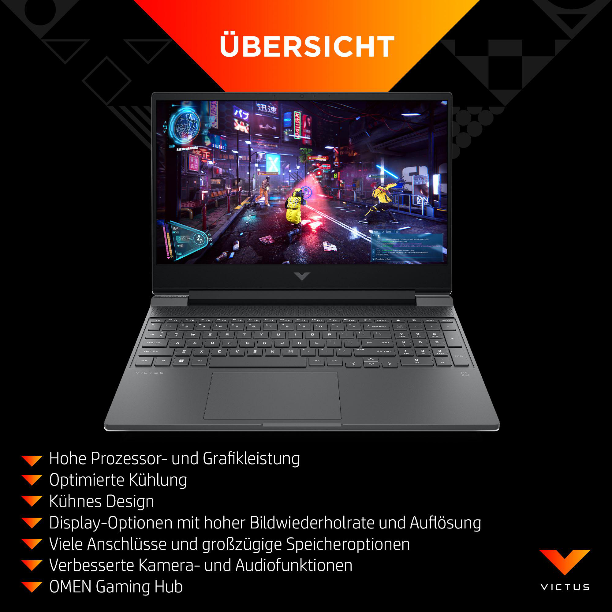 Schwarzer Laptop mit Bildschirm, der eine Spielszene und Text oben zeigt.