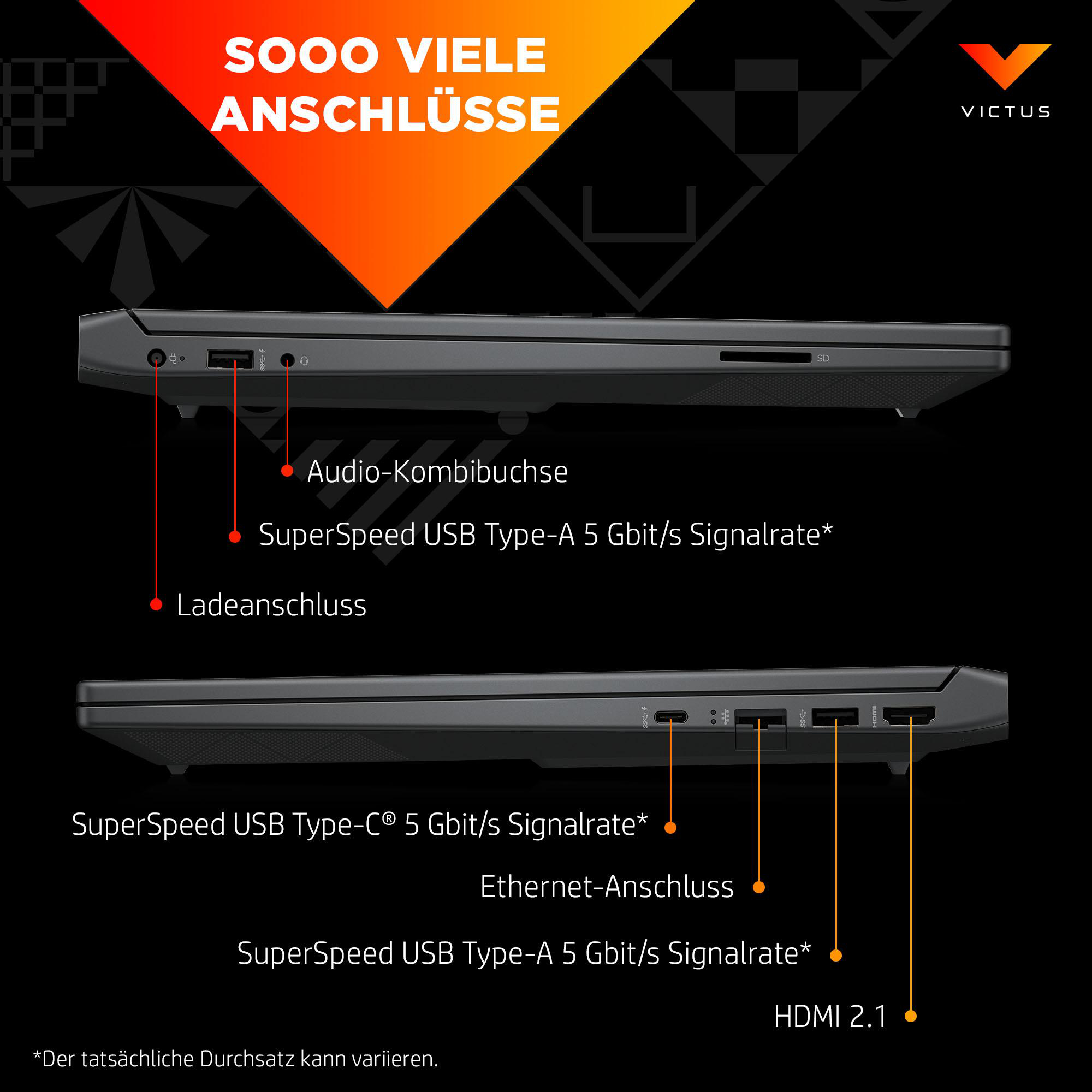 Schwarzer Laptop mit Anschlüssen: Audio, USB-A, Laden, USB-C, Ethernet und HDMI, auf schwarzem Hintergrund.