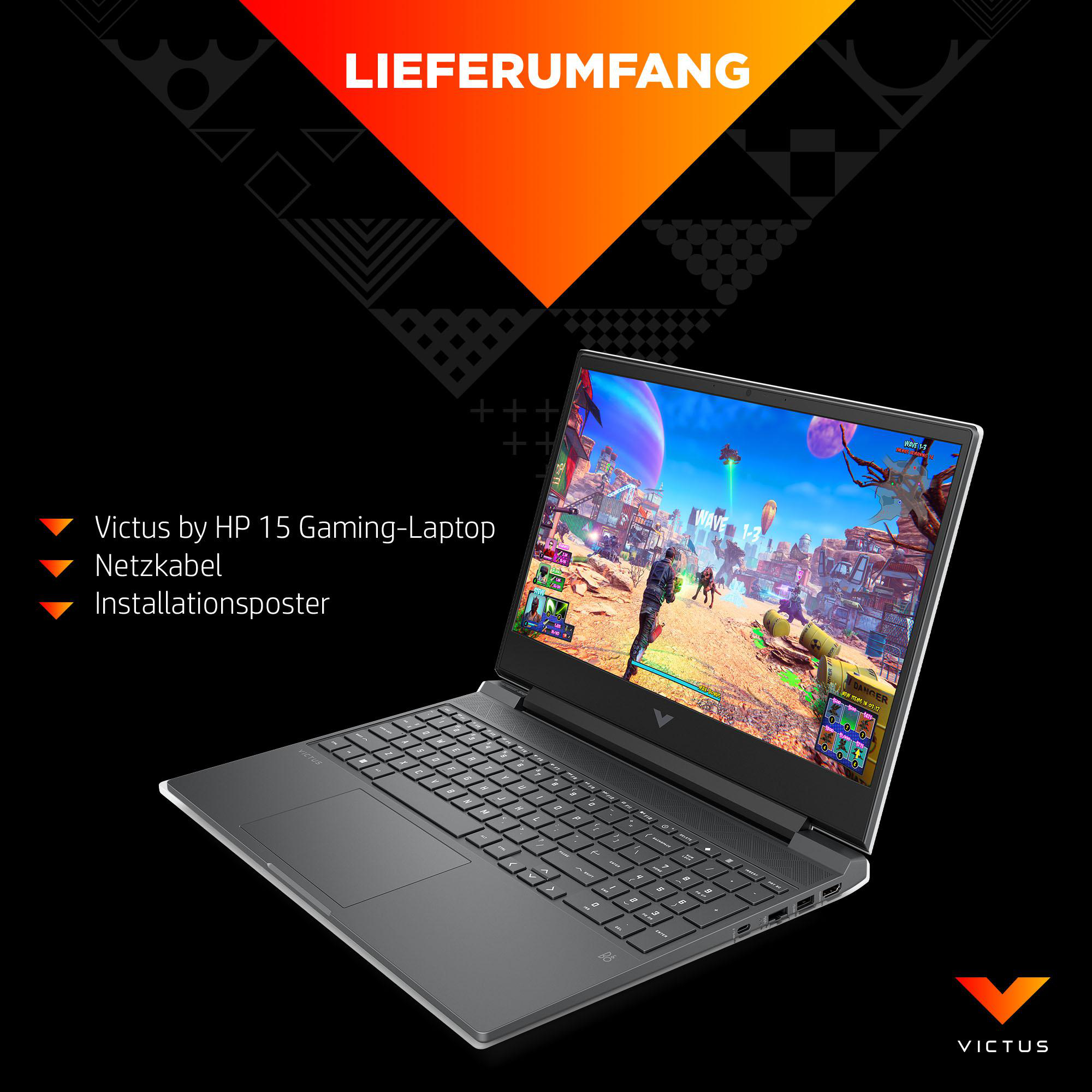 Laptop mit Spielszene, Text zeigt den Lieferumfang.