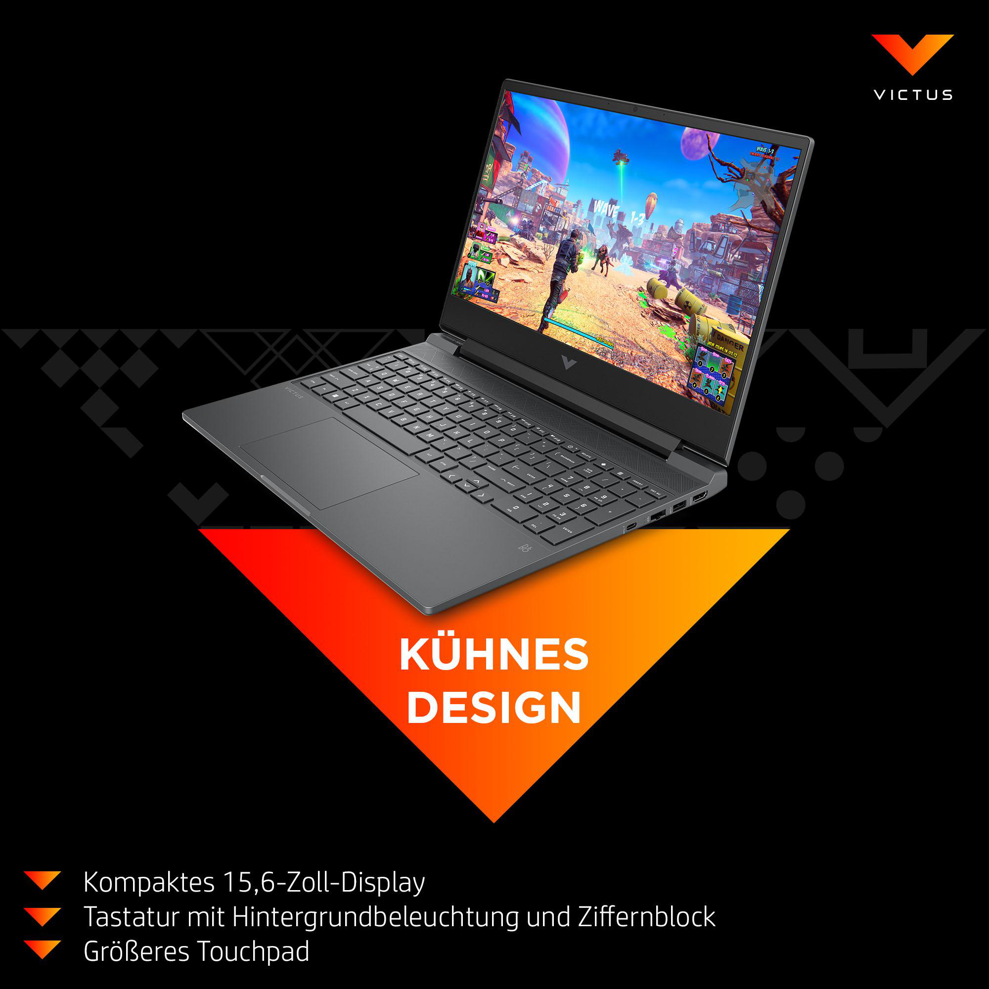 Schwarzer Laptop mit Spielbildschirm über einem orange-roten Design mit Text.