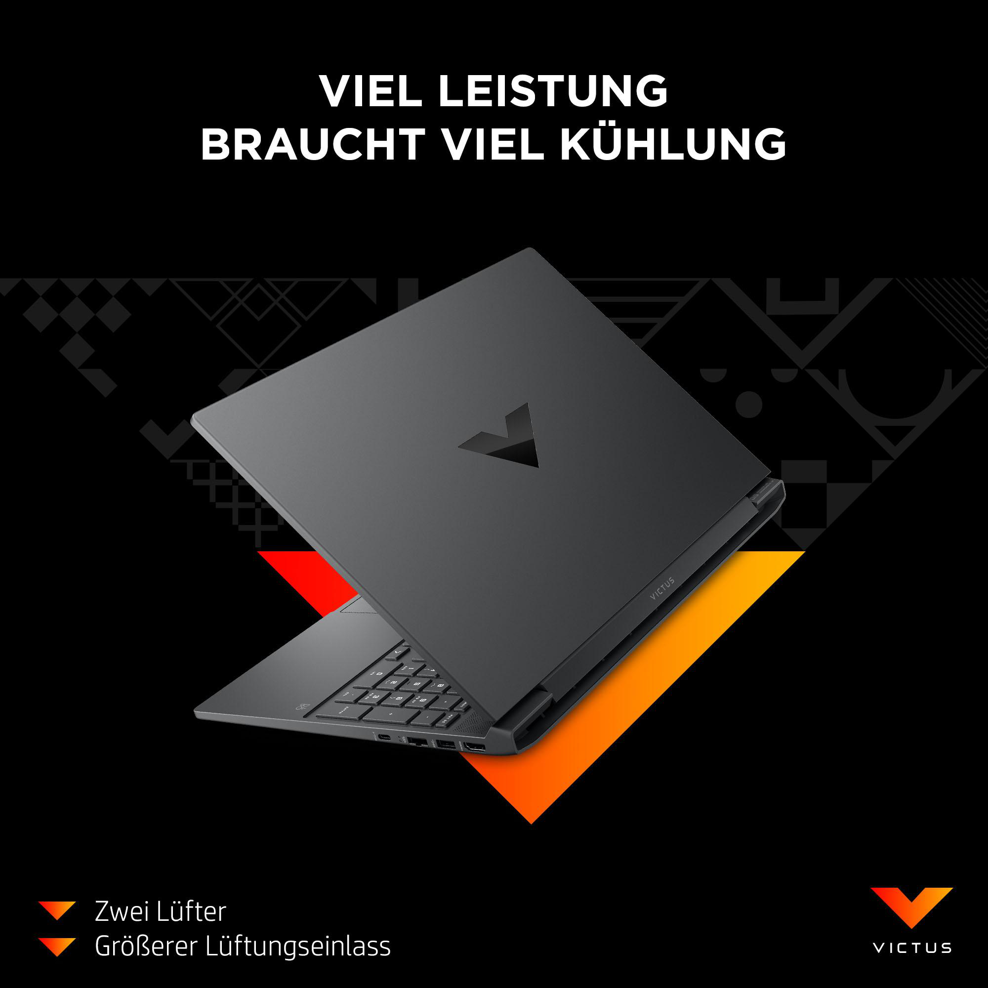 Schwarzer Laptop von oben über einem orange-roten Design mit Text.