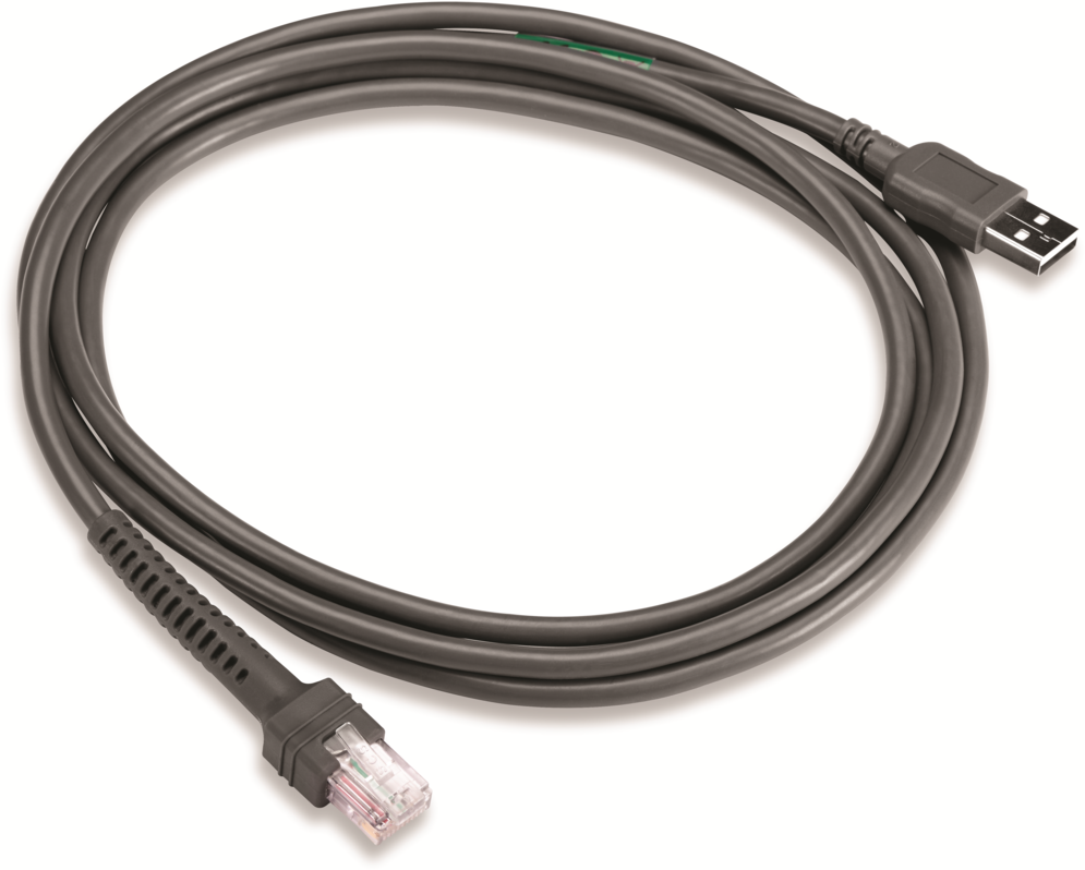 Graues Kabel mit USB- und RJ45-Anschluss.