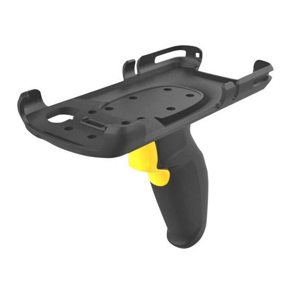 Schwarzer und gelber Handscanner mit schwarzem Griff. Weißer Hintergrund.