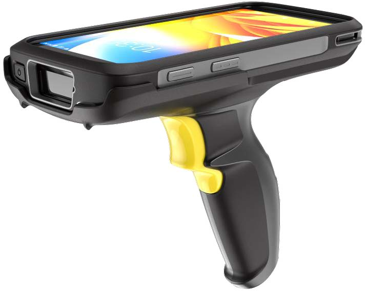 Handheld-Barcodescanner, schwarz und gelb.