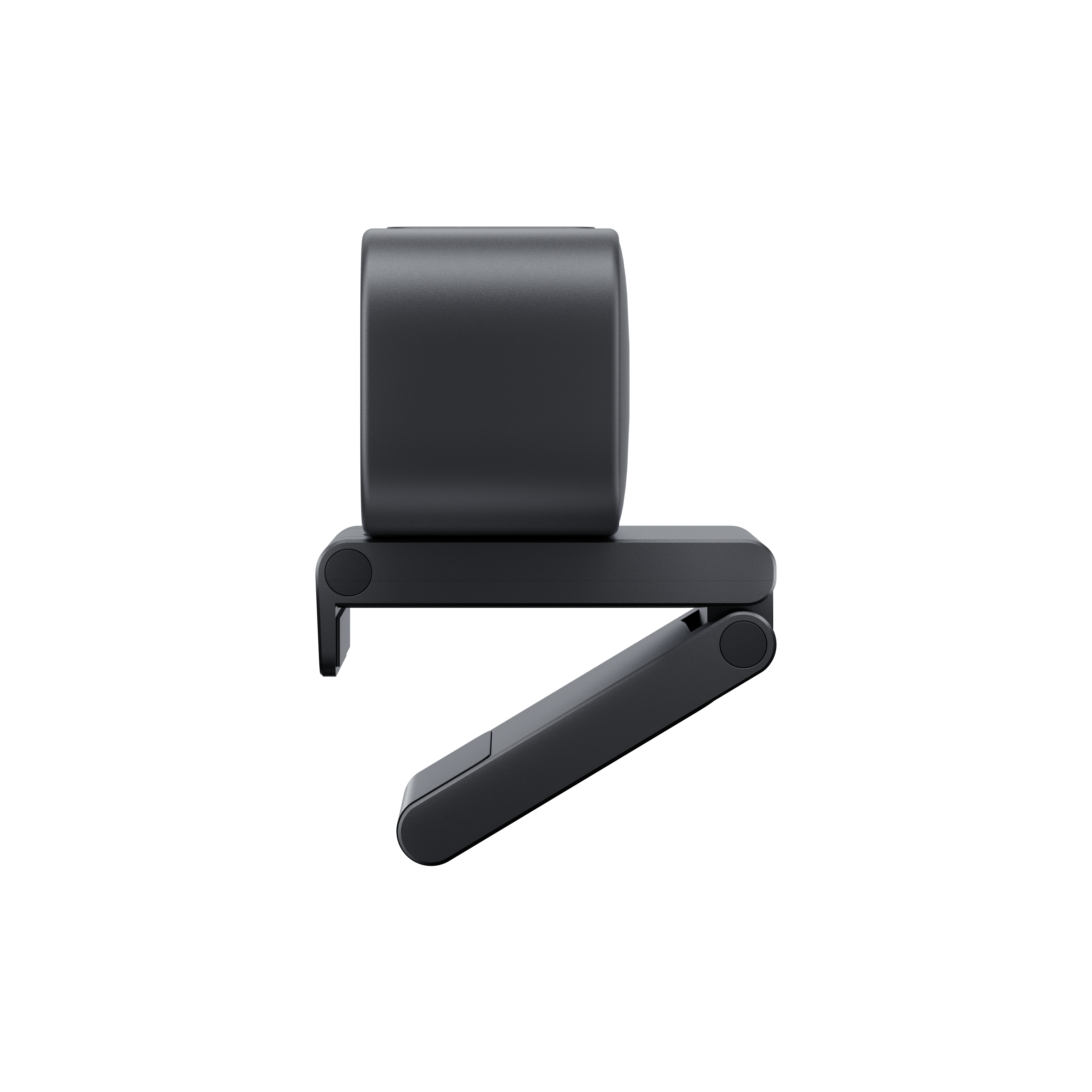 Eine schwarze Webcam auf weißem Hintergrund. Die Webcam ist nach unten abgewinkelt.